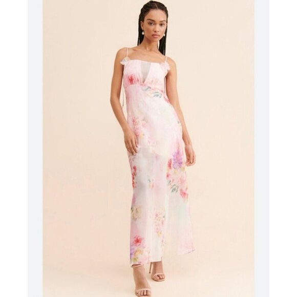 NWOT For Love & Lemons Lisa Bouquet Watercolor Floral Maxi Dress Pink Medium